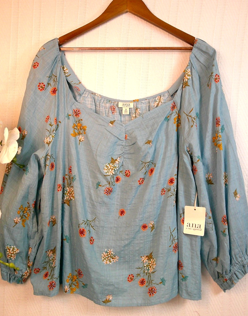 a.n.a Sky Blue Floral Blouse Cotton Blend Long Sleeve-Women's 3XL NWT/RTL $49